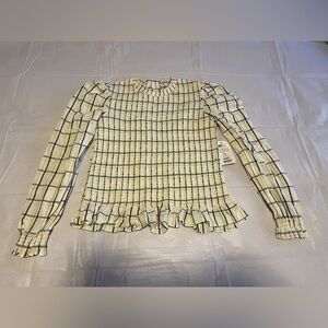 Girl’s Ivory Black Plaid smocked topLong Sleeve Crew Neck ruffle cottage core